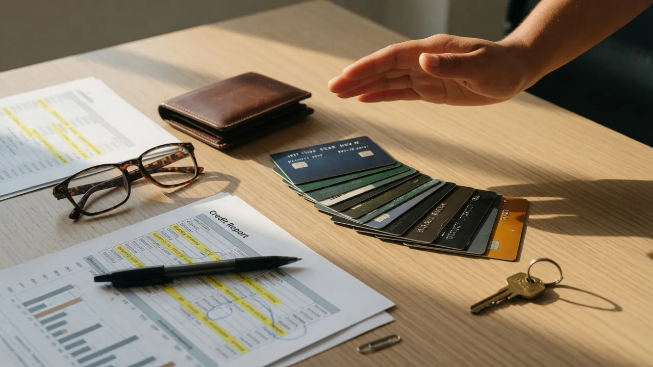 A first-time homebuyer's planning desk in warm morning light, a hand paused in a gentle stop gesture above fanned credit cards beside a closed wallet, a highlighted credit report, a pen, reading glasses, and a brass house key