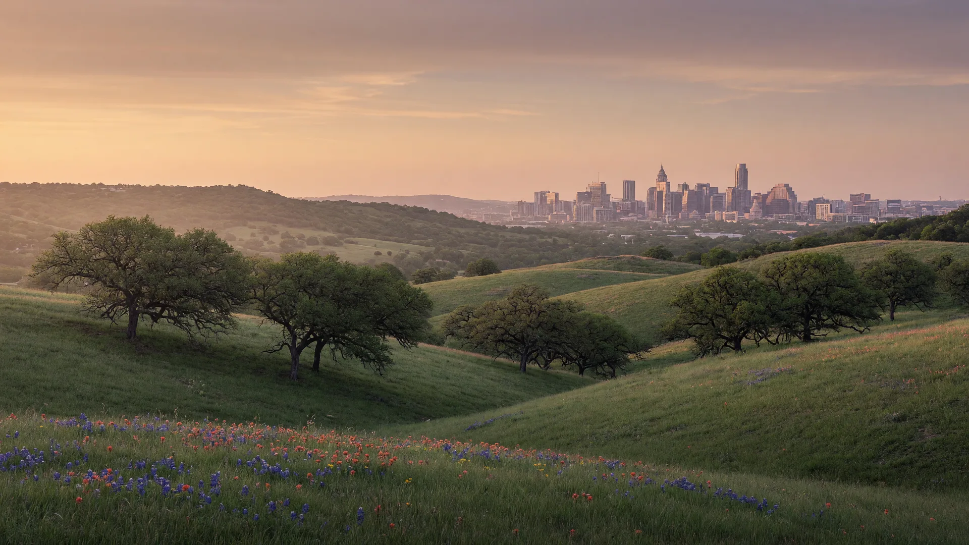 Rolling green hills of the Texas Hill Country at golden hour
