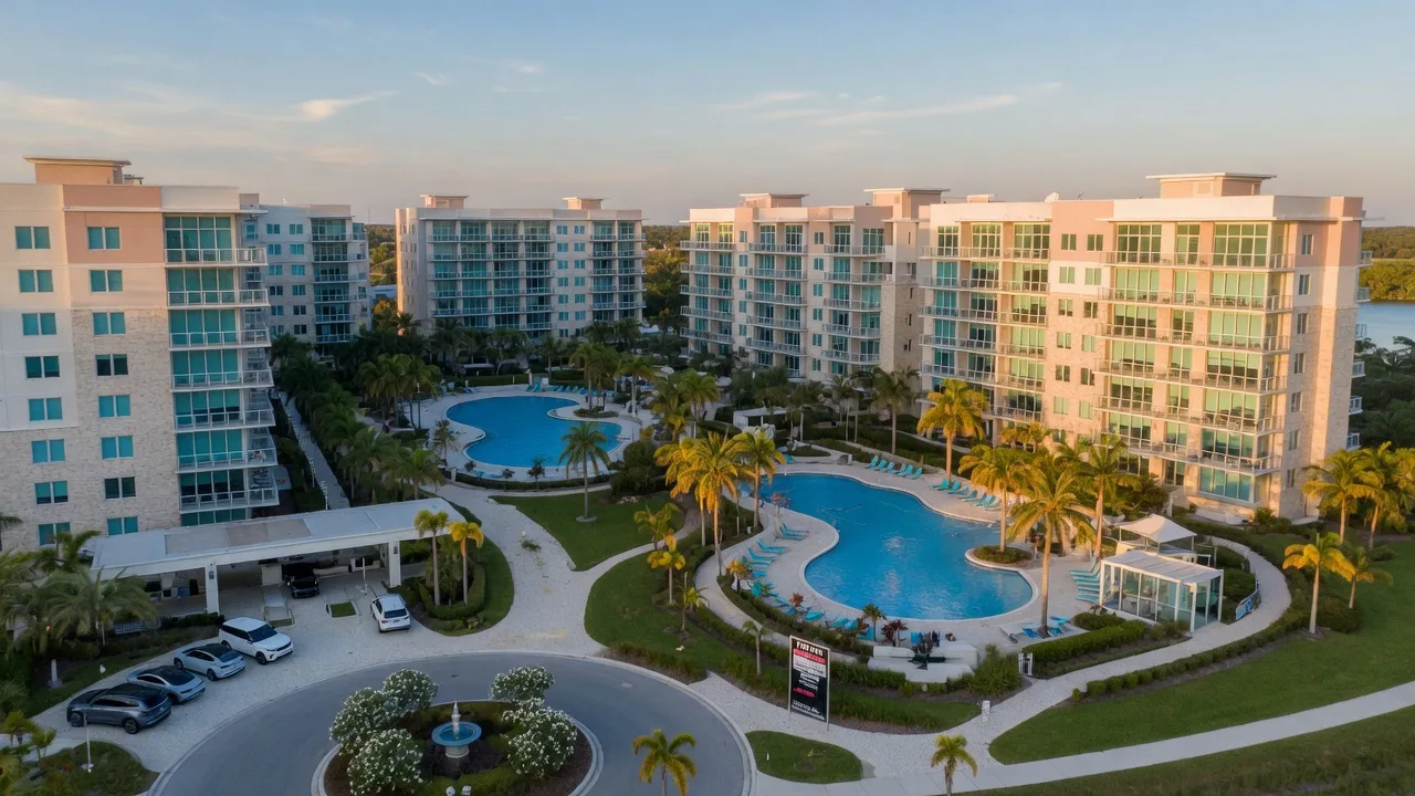 A modern Florida condominium community at golden hour with mid-rise buildings, resort pools, and tropical landscaping from an aerial perspective