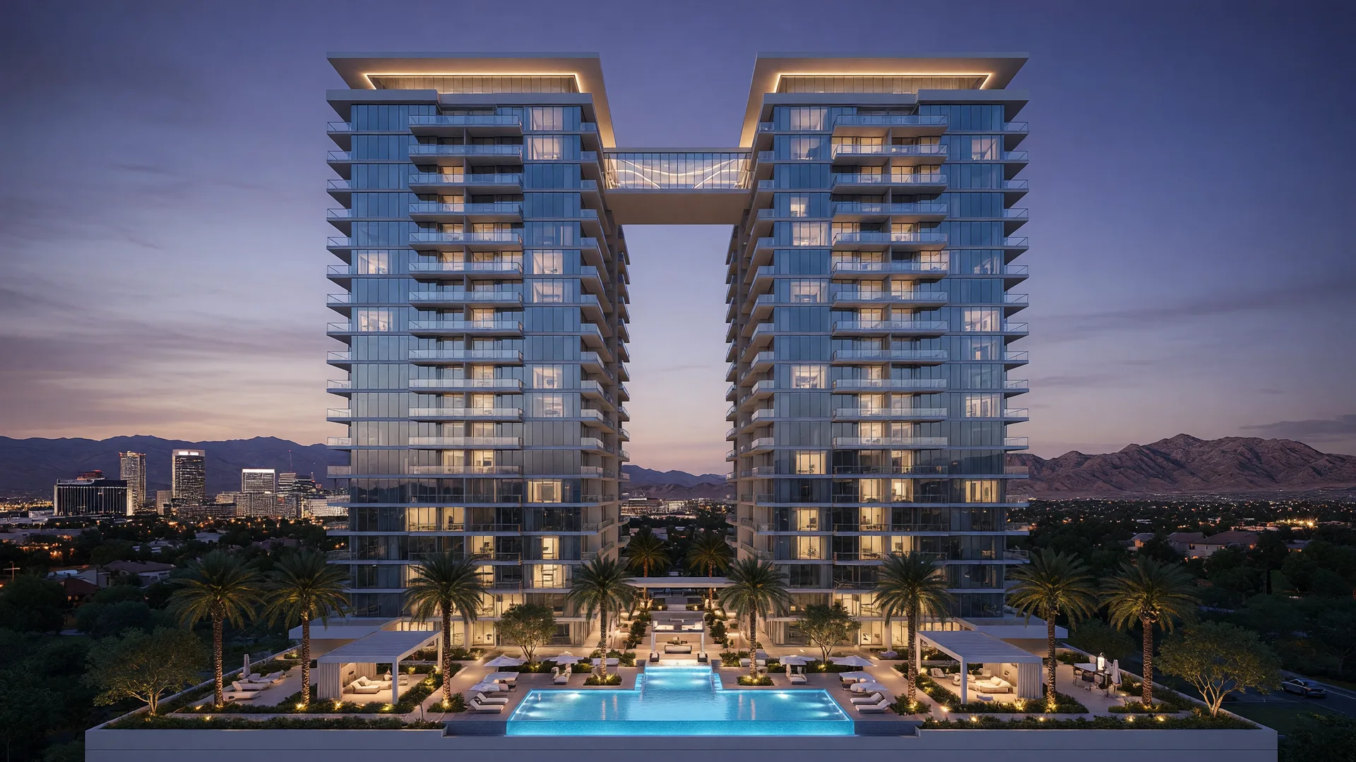 Photorealistic architectural rendering of Summit House high-rise towers at dusk