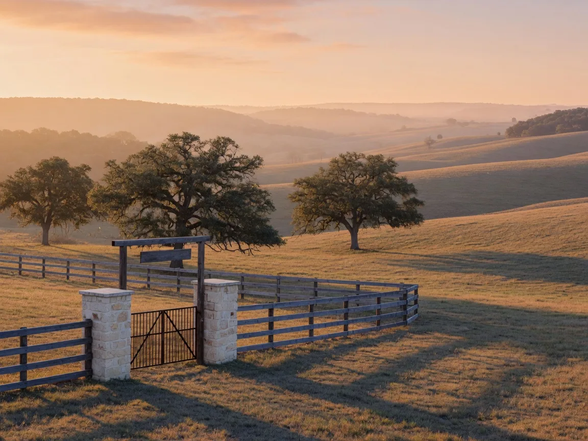 Limestone ranch gate and rolling oak-dotted pastureland near Bulverde at golden hour