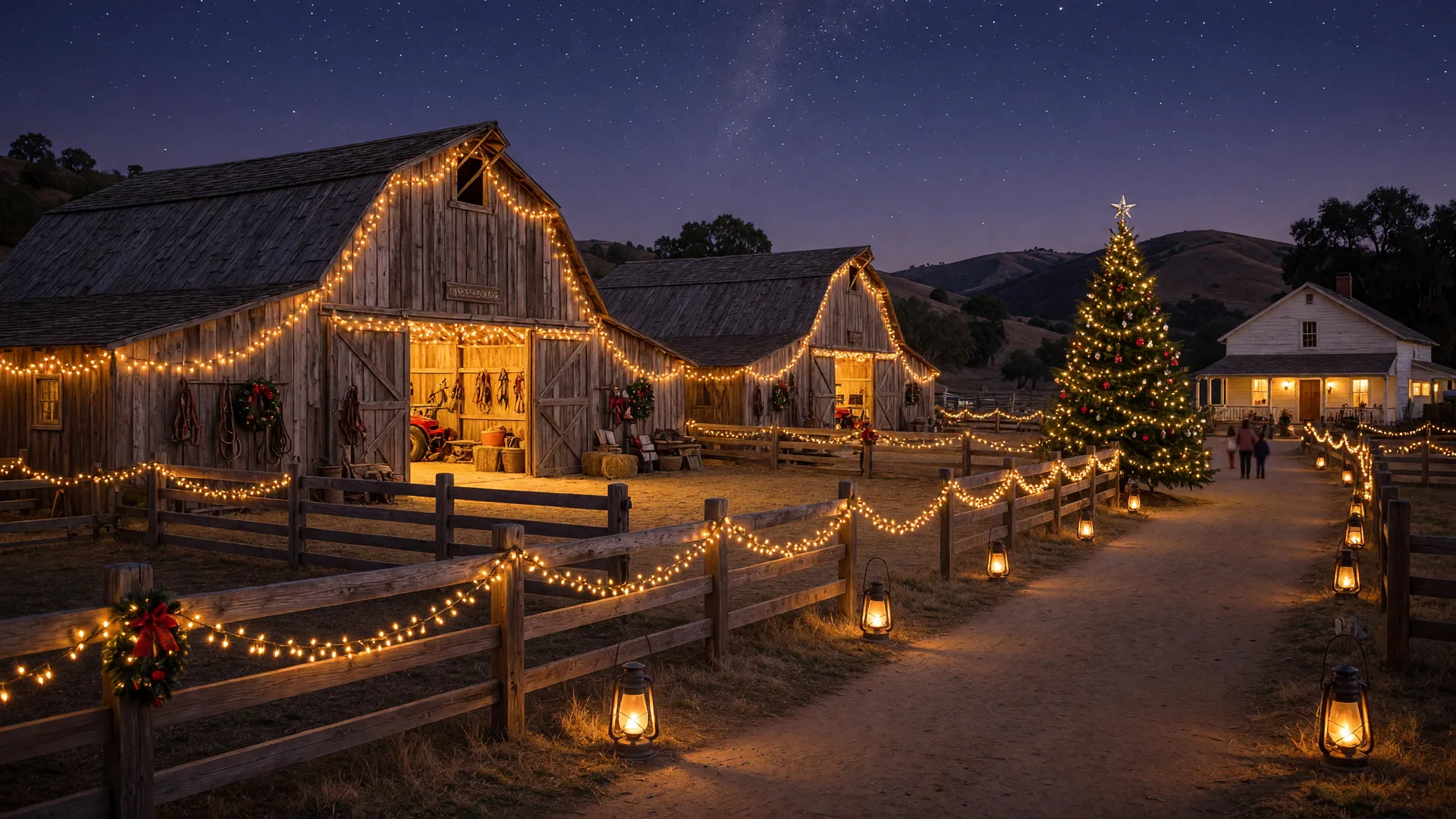 A walk-through barnyard holiday light display at a historic ranch at night with warm string lights on wooden barns