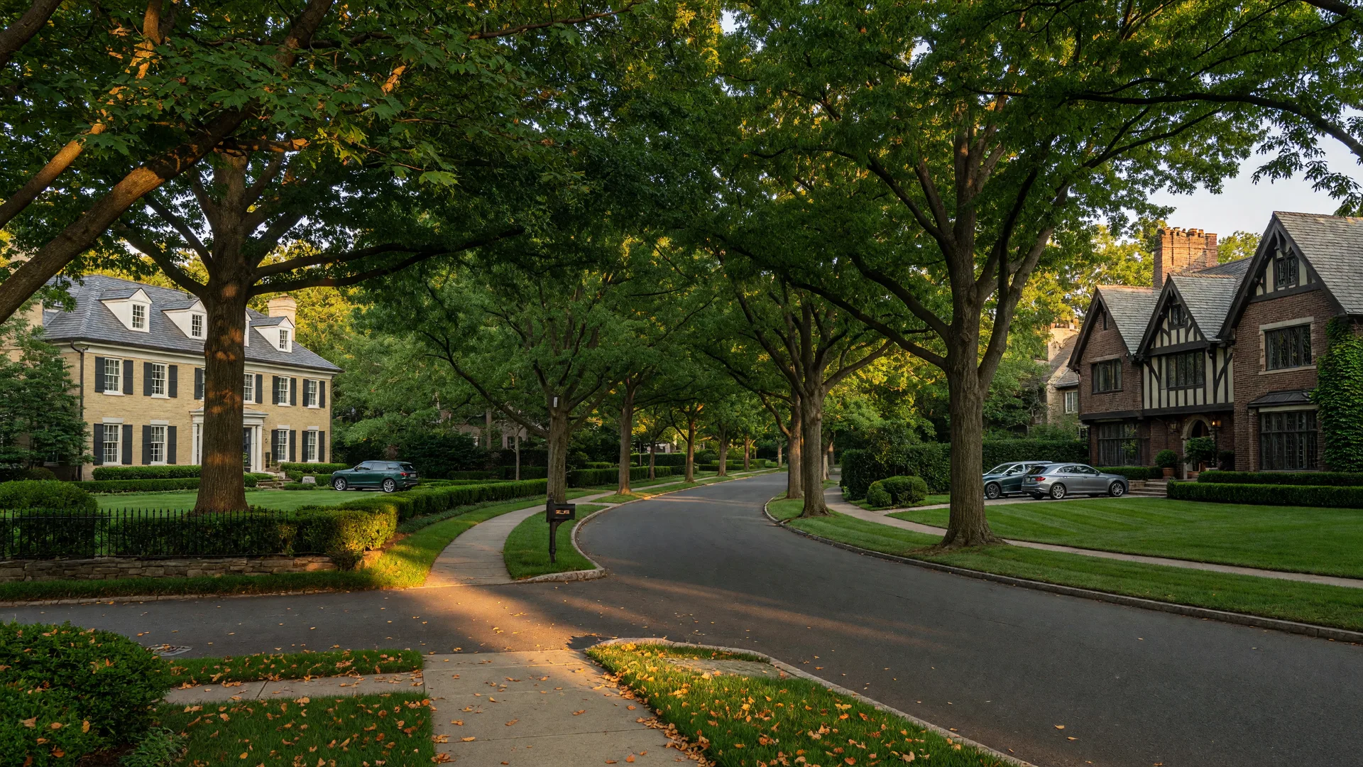 Tree-lined street with grand homes in Chevy Chase, Maryland