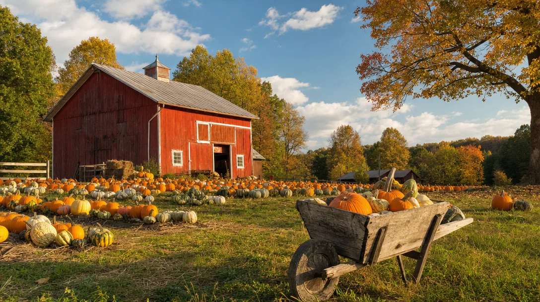 Virginia pumpkin patch with rows of pumpkins, a rustic red barn, and a wooden wheelbarrow in golden autumn light