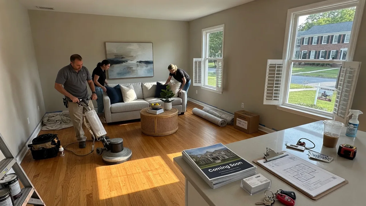 Bright Virginia living room being professionally staged for sale with fresh paint, polished hardwood floors, and agent materials