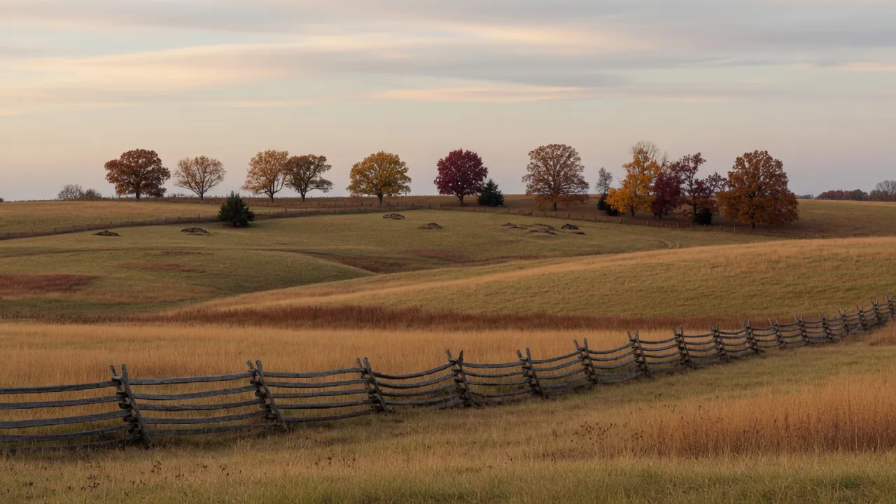 Rolling golden meadow with a weathered split-rail fence inside Manassas National Battlefield Park on an autumn afternoon
