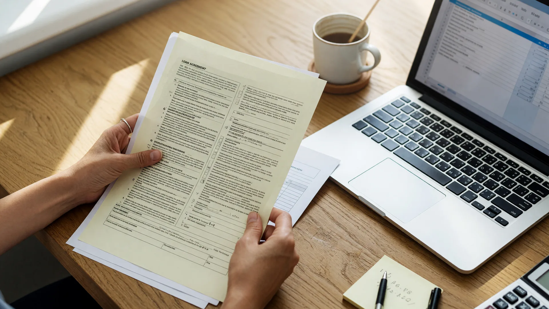 Person's hands reviewing a loan document on a wooden desk with a laptop and coffee cup