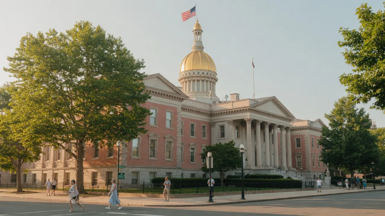 The New Jersey State House in Trenton with its gold dome and brick facade on a bright summer morning