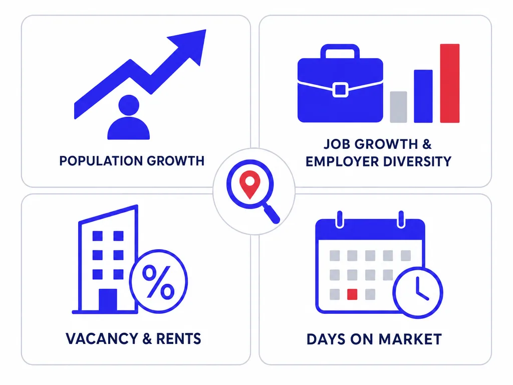 Real estate market analysis infographic with cards for population growth, job growth and employer diversity, vacancy and rents, and days on market