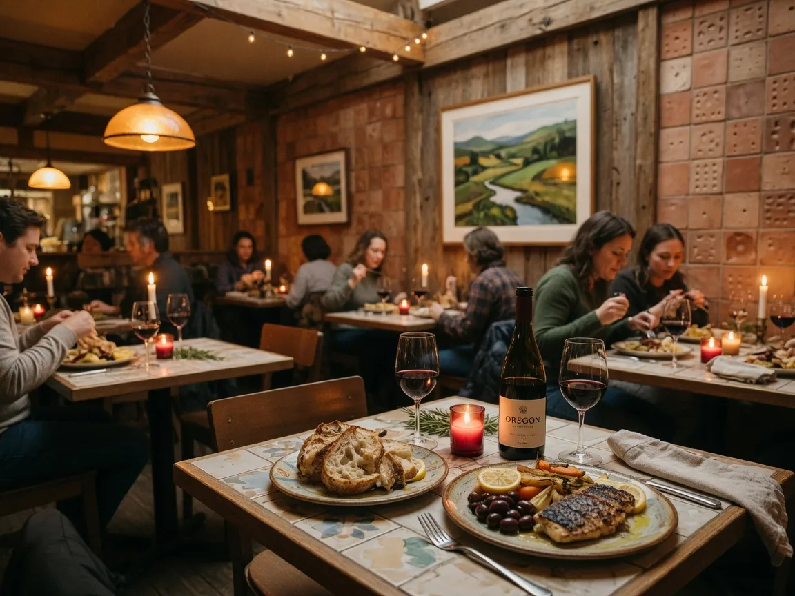 A candlelit restaurant table in Wilsonville with Mediterranean and Pacific Northwest dishes and a bottle of Oregon wine