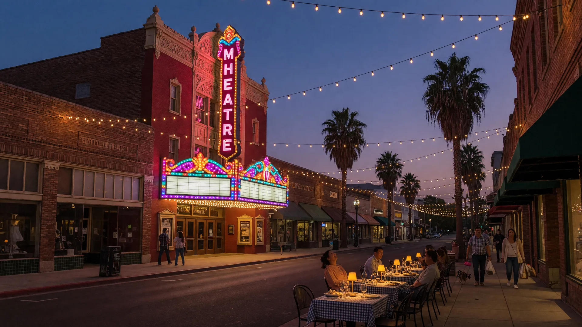 Downtown Merced Main Street on a mid-September evening with the historic Merced Theatre marquee glowing, string lights strung across the street, brick storefronts,and palm trees silhouetted against a deep blue dusk sky