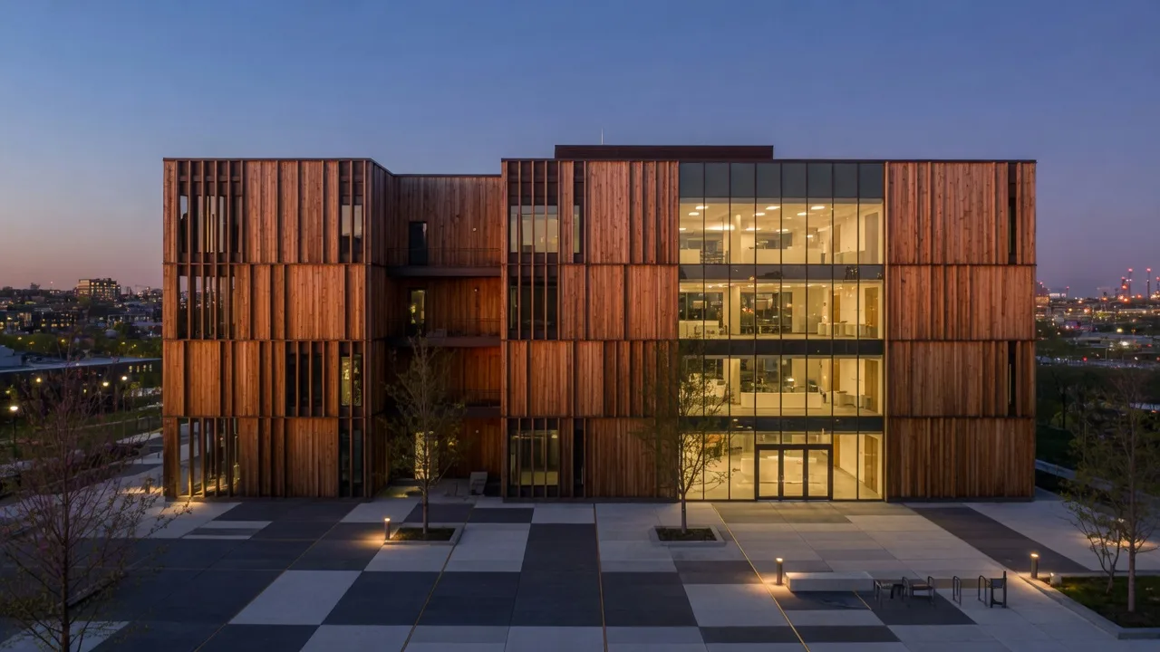 A modern wood-clad building with a glass facade at dusk