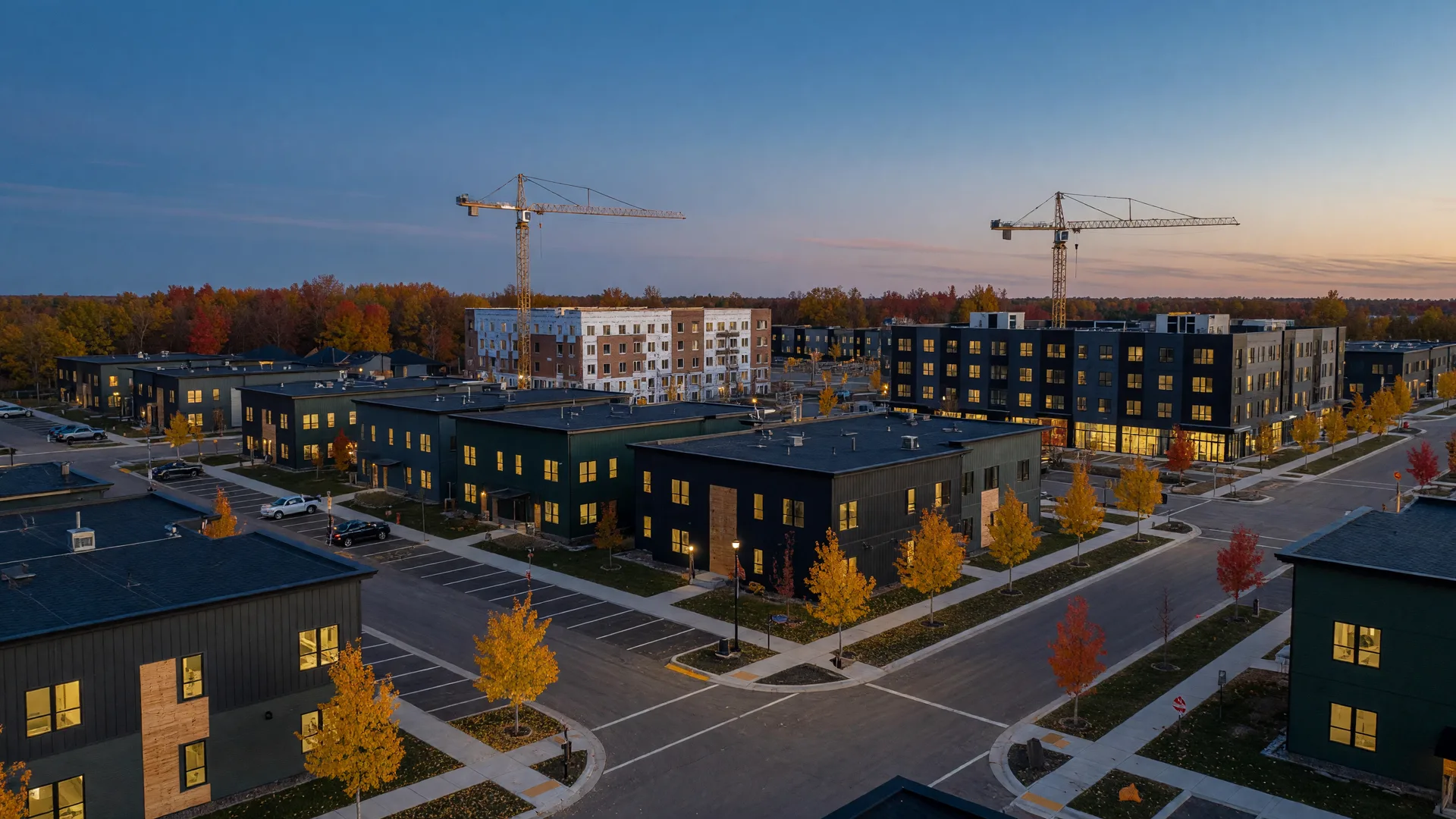 Aerial view of a growing township with new mixed-use buildings at dusk