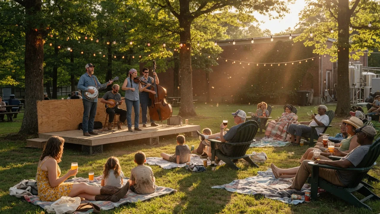 Bluegrass musicians performing on an outdoor stage at Lost Worlds Brewing as golden hour light falls on a relaxed festival crowd with craft beer and picnic blankets