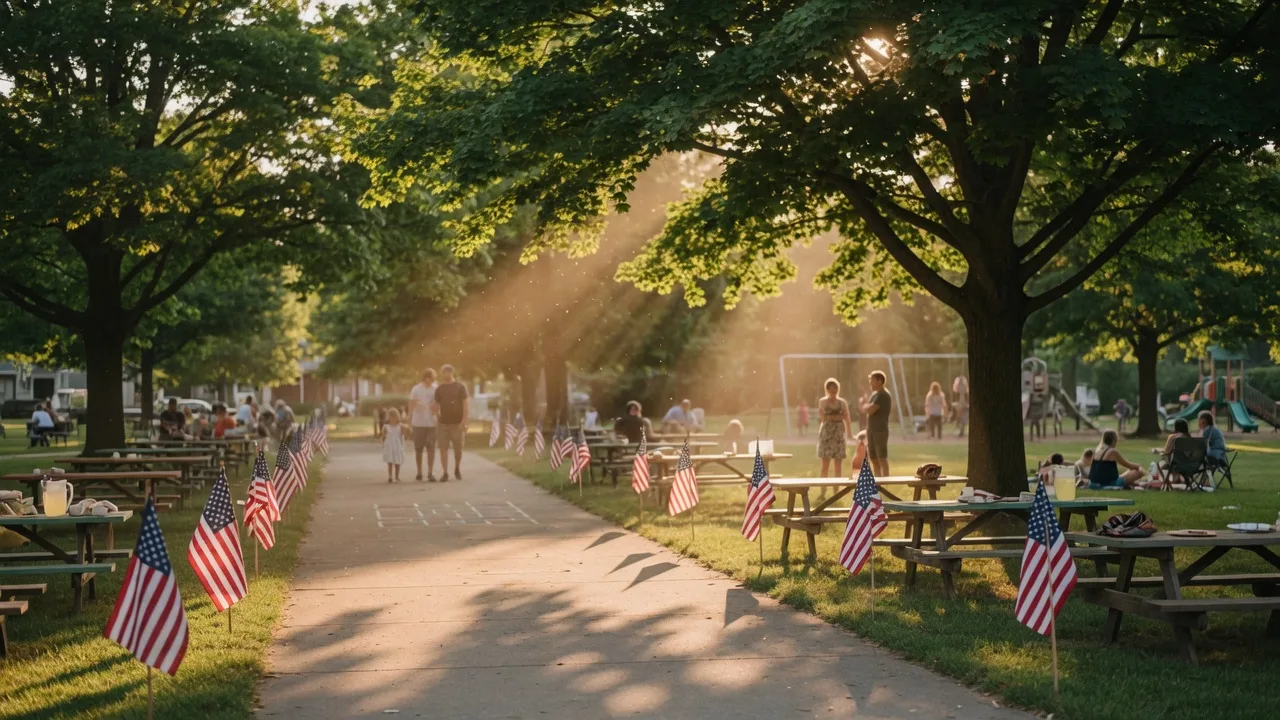 Delran Community Park at golden hour with families gathering and American flags lining the pathway
