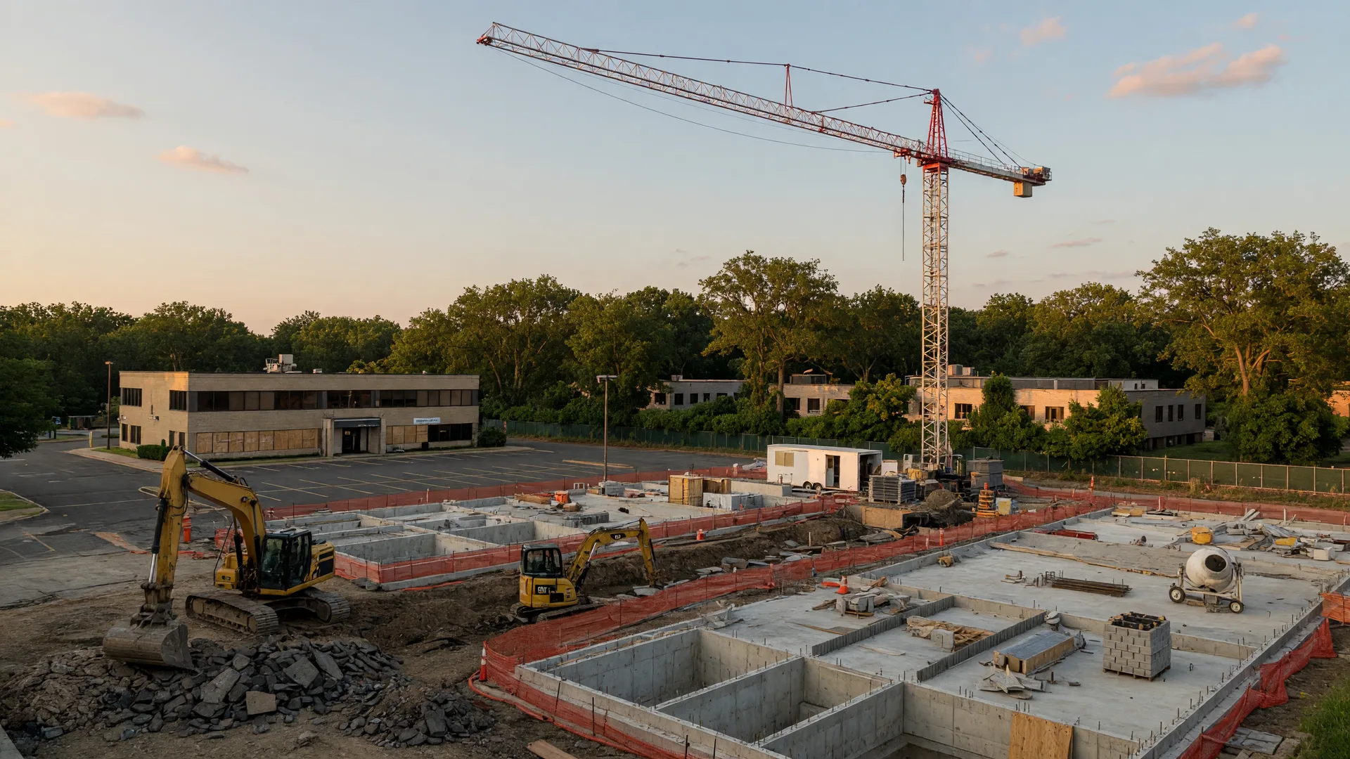 Construction equipment and new building foundations at the Executive Drive redevelopment site in West Orange NJ on a late-summer afternoon