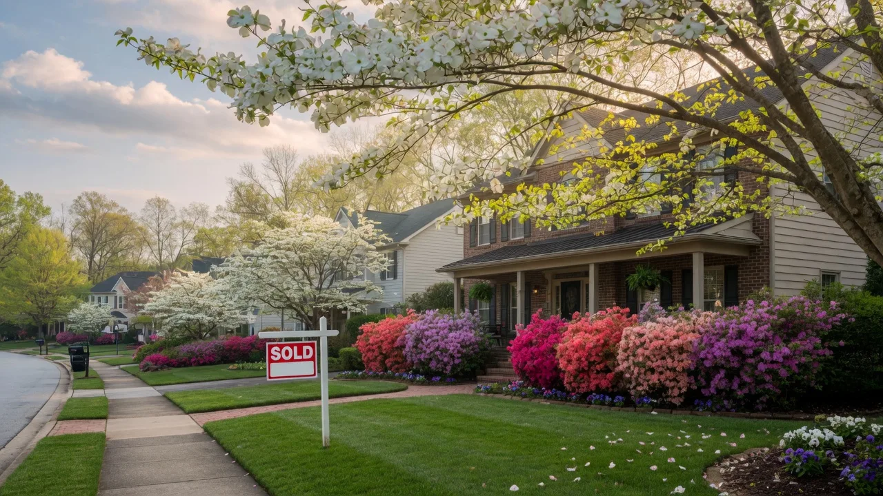 NW Metro Atlanta home with "Sold" sign amidst blooming spring flowers and trees.