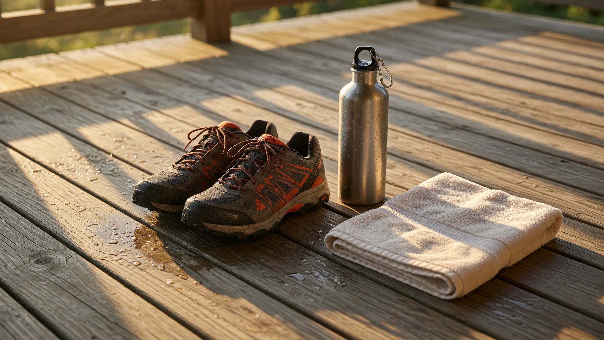 Trail running shoes, a water bottle, and a towel in warm morning light on a porch