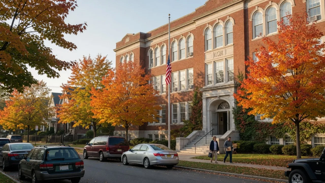 A stately red-brick public school building in Montclair NJ with arched windows, stone trim, an American flag, and golden autumn maples on a sunny early-October morning