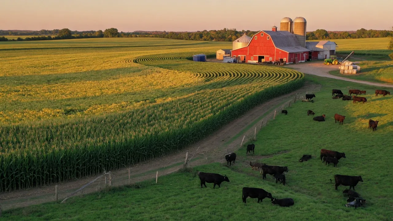 Aerial-style panoramic view of a diversified Wisconsin farm with cattle pasture, cornfields, and soybean ground in late summer golden light