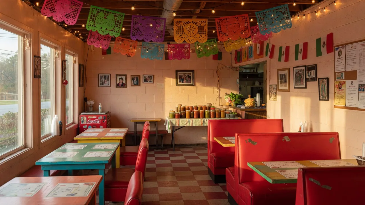 Warm family-run Mexican taqueria dining room at La Casa del Taco in Flowery Branch Georgia with red vinyl booths, papel picado banners, and string lights over hand-painted tables
