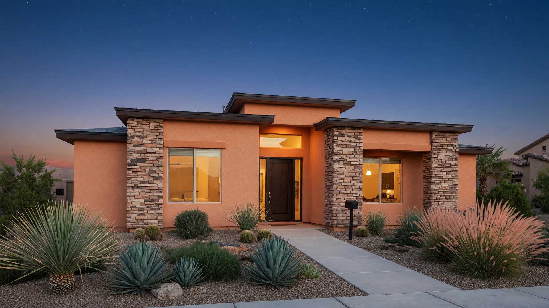 A modern Southwestern desert home at dusk with warm window light and a key lockbox on the front door
