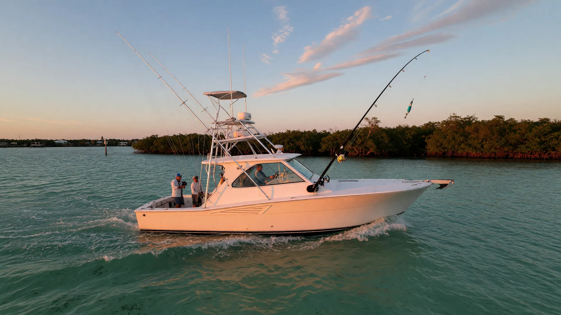 A sportfishing yacht cruising through turquoise Florida Bay waters at golden hour with a fishing rod on the outrigger and the mangrove shoreline of the Upper Keys visible in the distance