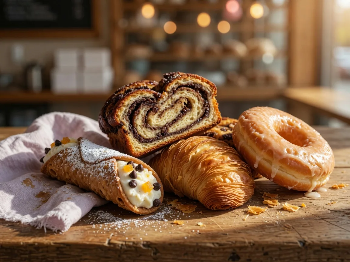 An assortment of fresh Philadelphia bakery pastries on a wooden counter, including a powdered-sugar ricotta cannoli, a flaky sfogliatelle, a slice of chocolate babka, and a glazed donut