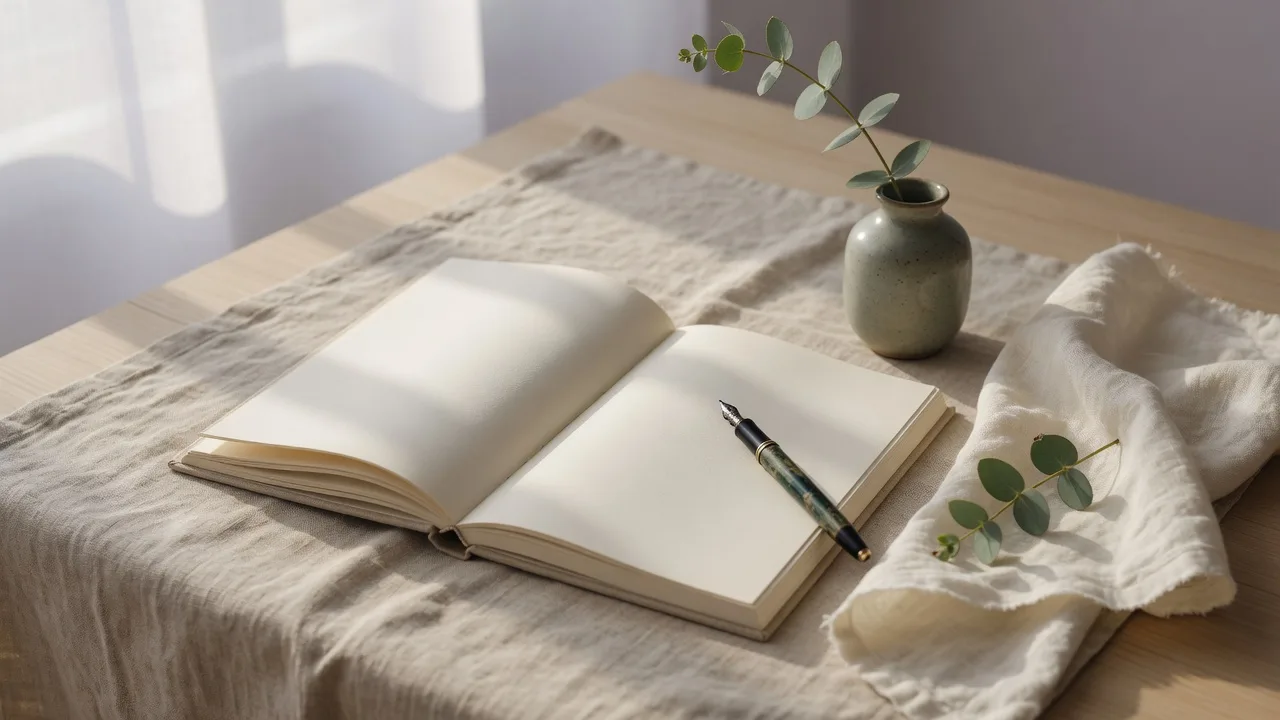 An open blank journal with a fountain pen on a linen-covered wooden table beside a single stem of eucalyptus in a small ceramic vase, in soft diffused morning window light