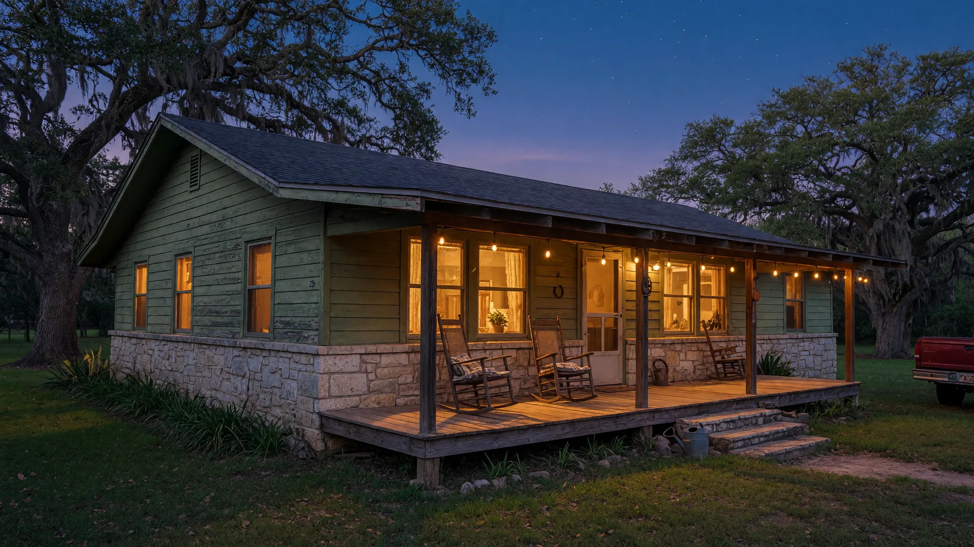 A warm Texas ranch-style home glowing at dusk, the goal at the end of the home search