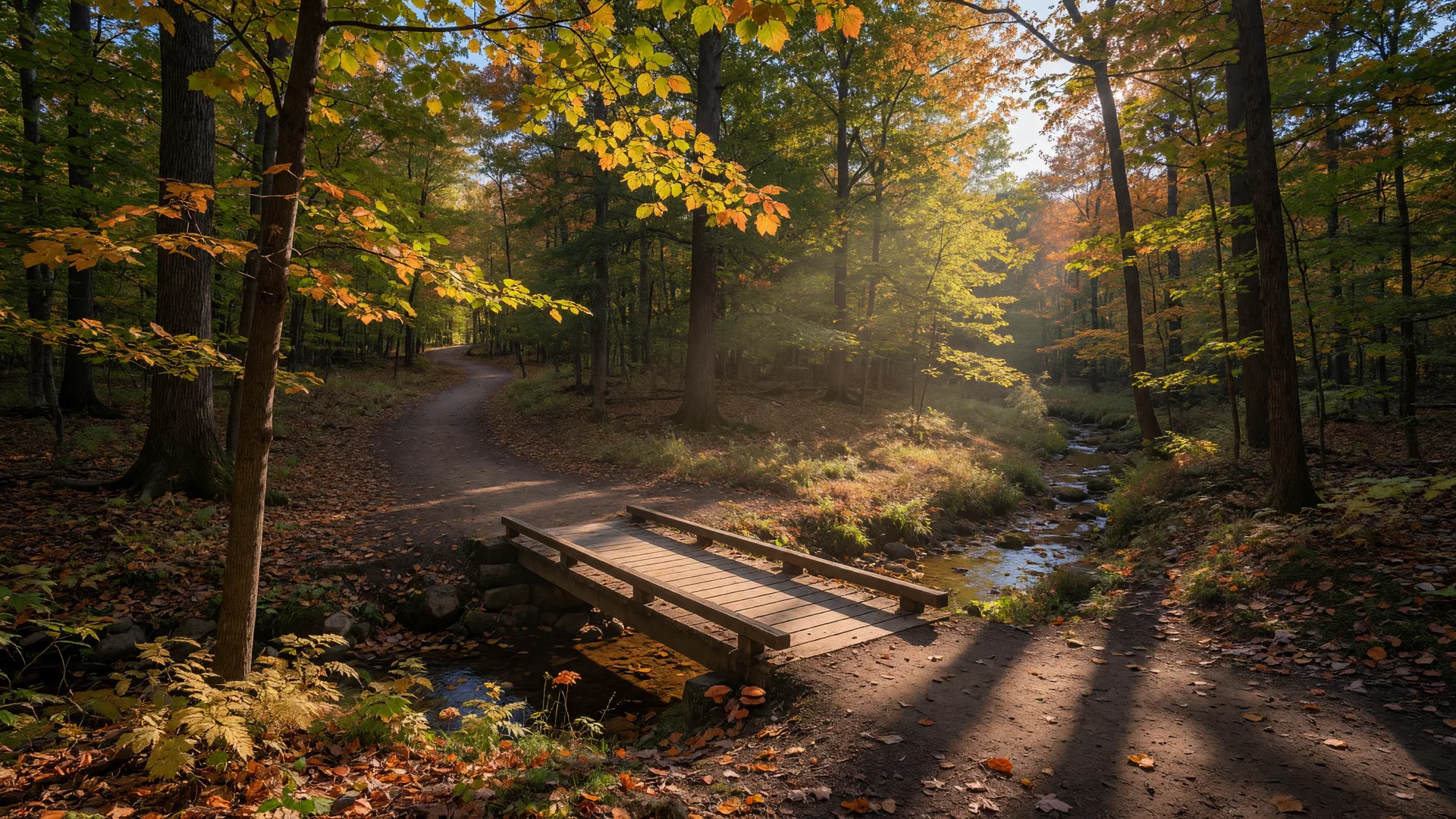 Fall hiking trail in Michigan woods