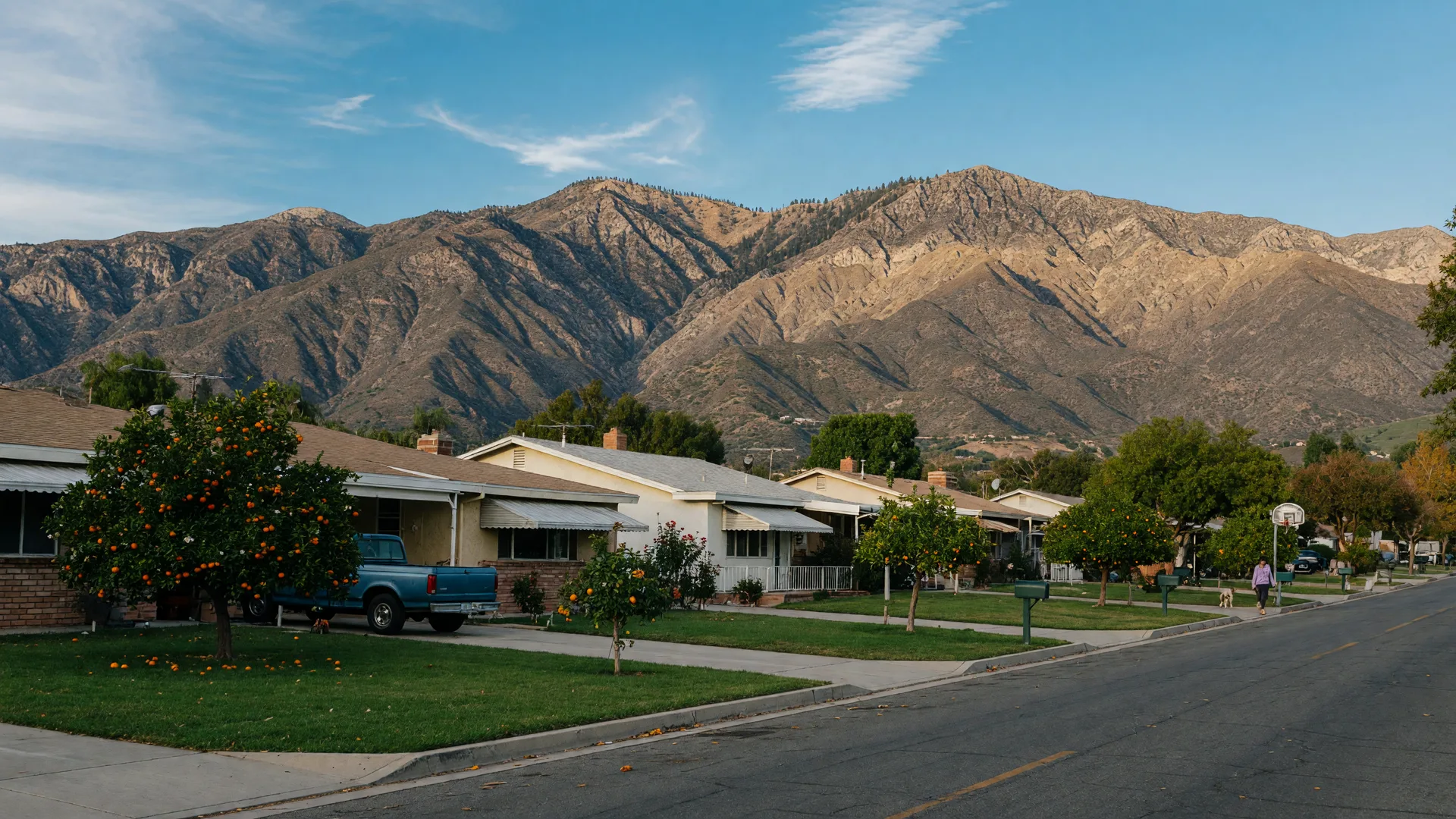 Quiet Highland residential street with ranch-style homes, orange trees, and the San Bernardino Mountains rising behind