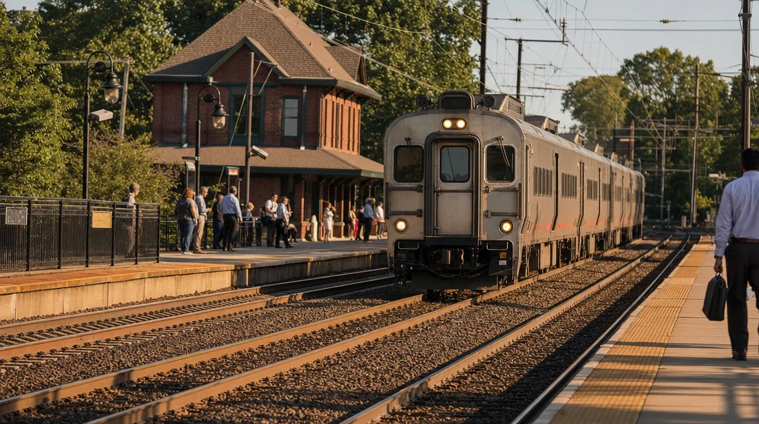 NJ Transit commuter train arriving at a suburban Essex County New Jersey station platform on a summer morning