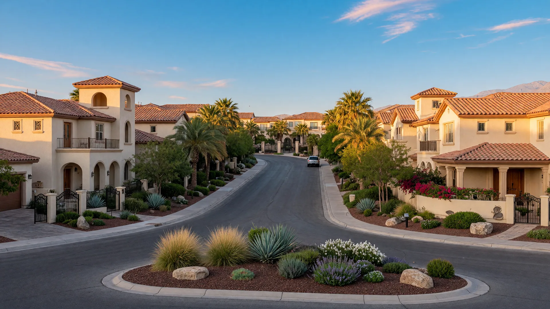 Illustrative image of an upscale Spanish and Mission style gated neighborhood in Summerlin, Las Vegas, not a specific listing