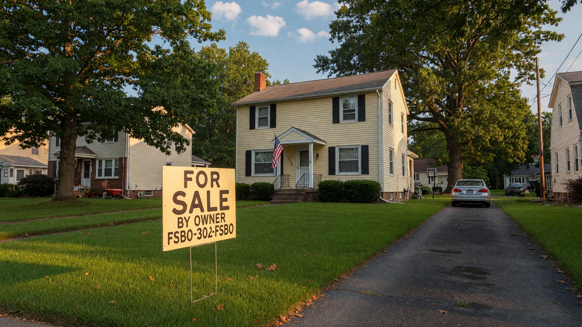 Colonial home in Boothwyn, Delaware County with a For Sale By Owner sign in the front yard on a sunny summer morning