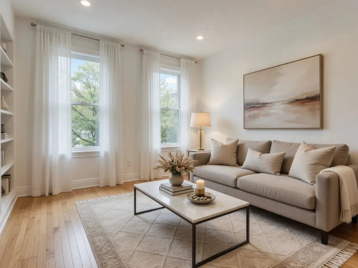 Professionally staged living room with neutral furniture and natural light
