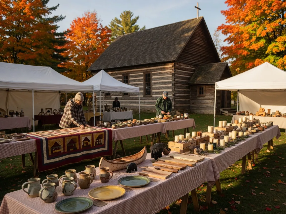 Handcrafted arts and crafts fair outside the historic Log Church in Crosslake, with fall colors