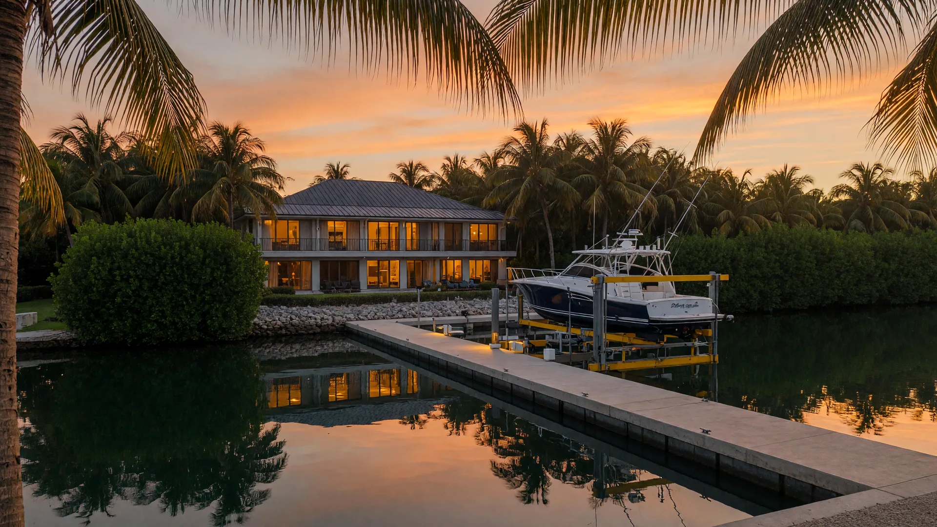 A private Key Largo waterfront estate at golden hour, an elevated metal-roofed luxury home with warm impact glass nestled behind tall tropical hedges on a quiet deep-water canal, a private concrete dock with a boat lift holding a sportfishing yacht in glassy golden water