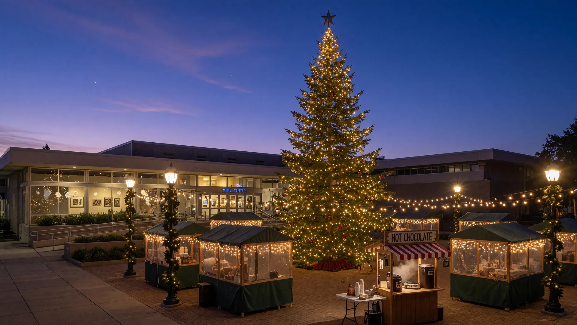 A small-town California arts center plaza at dusk during a December winter festival with a glowing decorated pine tree, vendor booths strung with lights, and garland-wrapped lampposts
