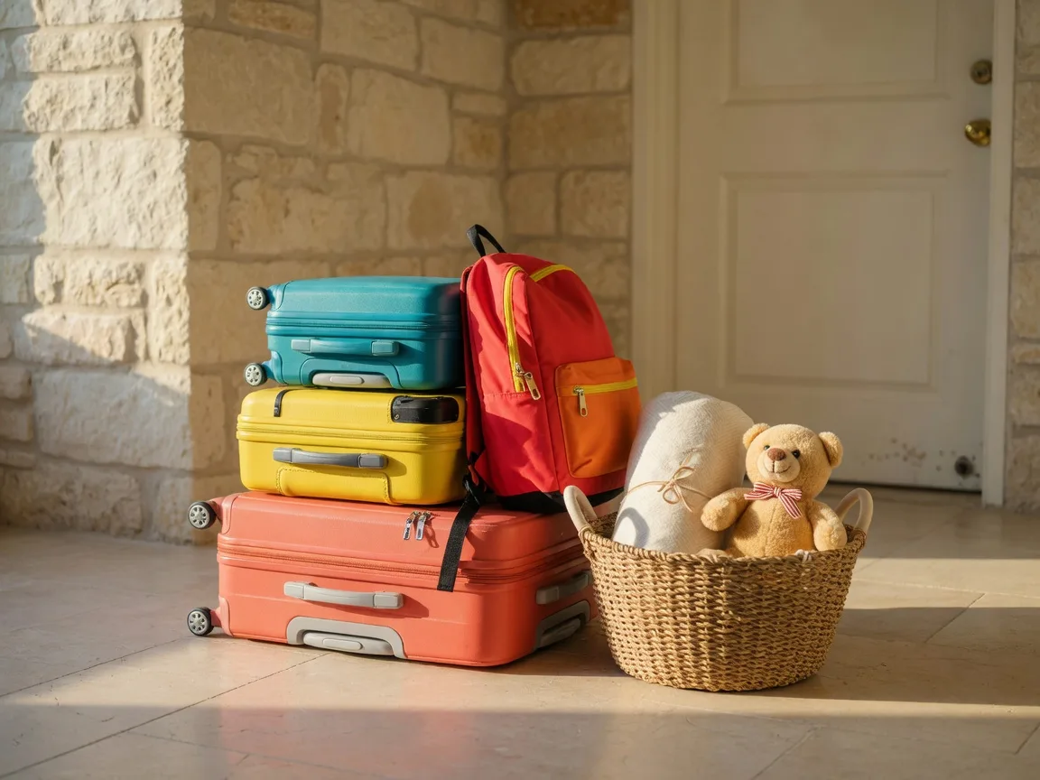 A stack of brand-new suitcases and a bright backpack beside a wicker basket of new essentials in the sunlit foyer of a Texas Hill Country home