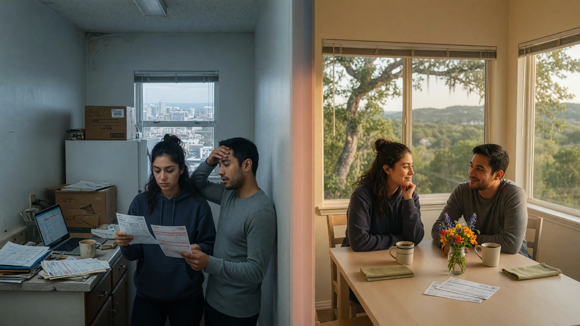 A cramped, dark city apartment kitchenette with a couple on the left, and the same couple at a bright, spacious Texas Hill Country breakfast table in warm morning light on the right; no readable text in the image