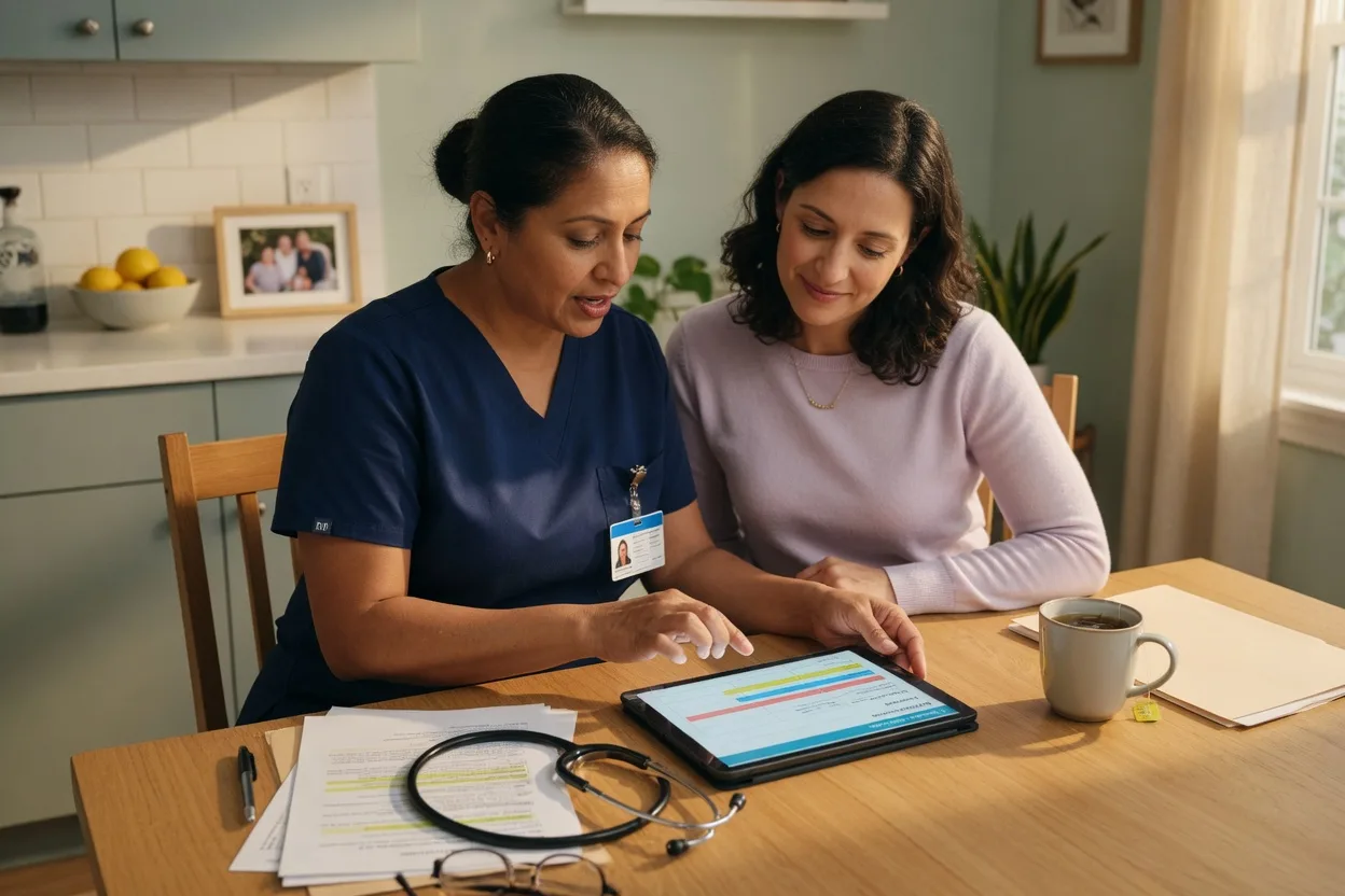 A registered nurse reviewing a care plan on a tablet with an adult daughter at a kitchen table