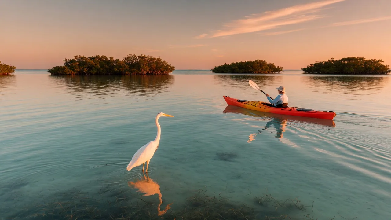 A sea kayak gliding across a calm turquoise backcountry bay near Big Pine Key at golden hour with mangrove islands and a wading heron in the Lower Florida Keys flats