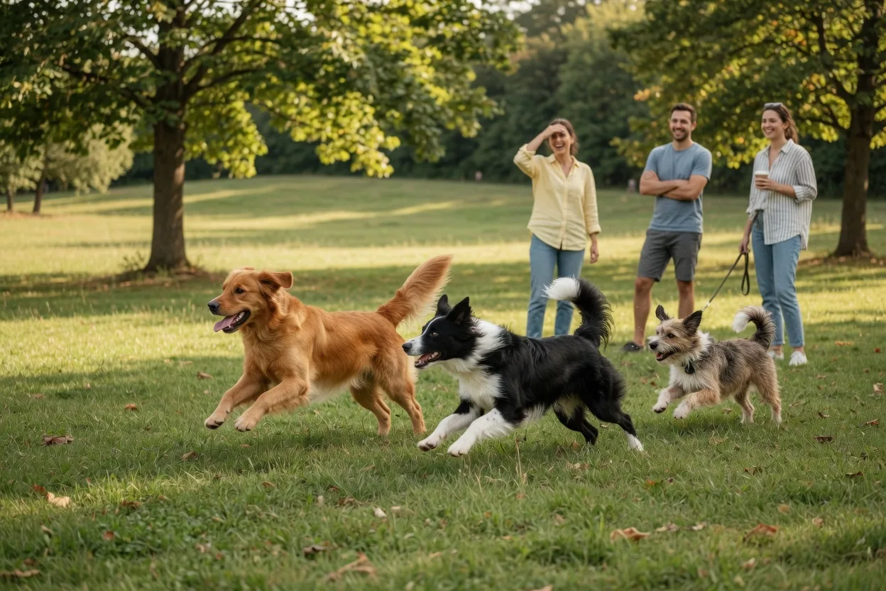 Dogs playing together in an open grassy dog park area.