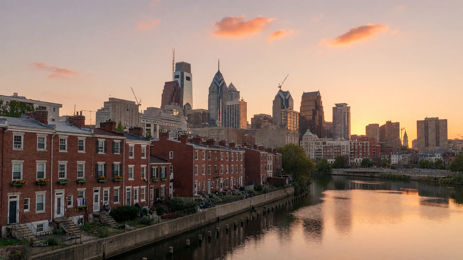 Philadelphia skyline at golden hour from the Schuylkill River with historic row homes in foreground