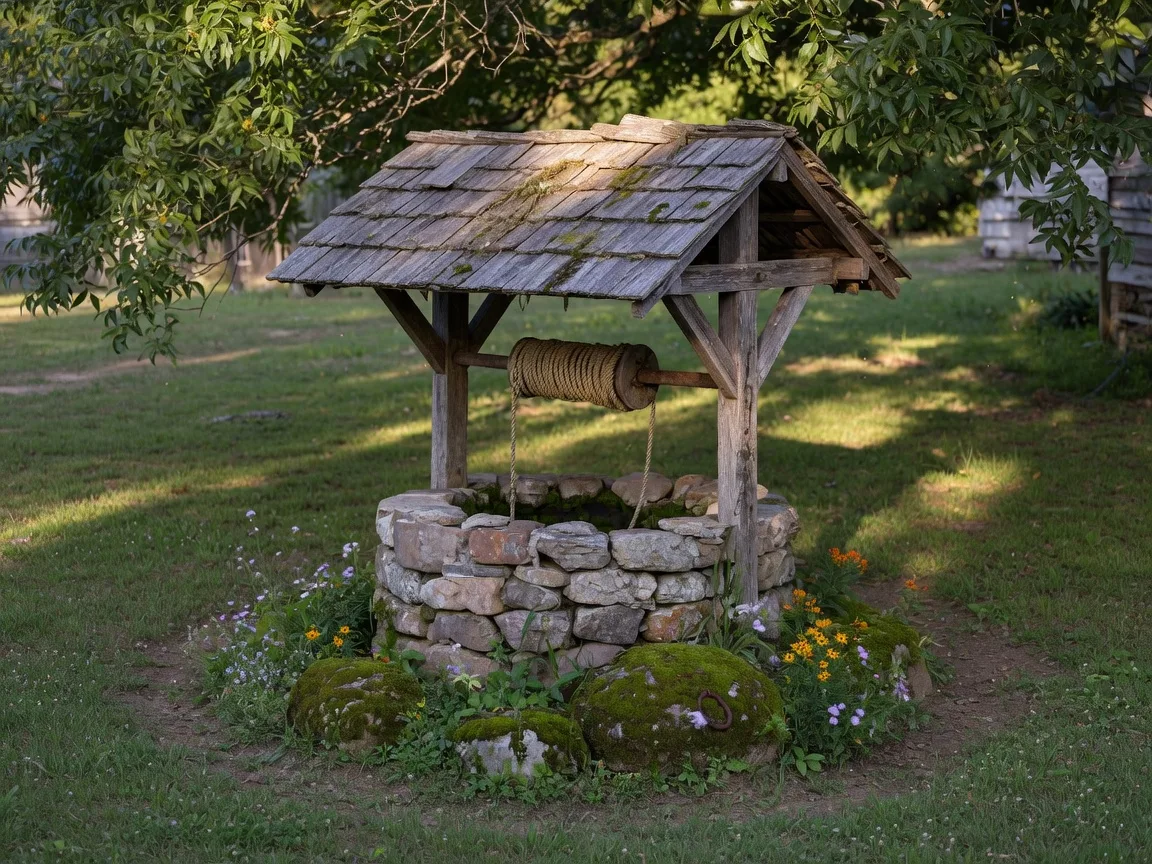 Historic hand-dug stone well with a wooden roof and rope, nestled among moss and wildflowers on a rural north Georgia homestead in dappled afternoon light