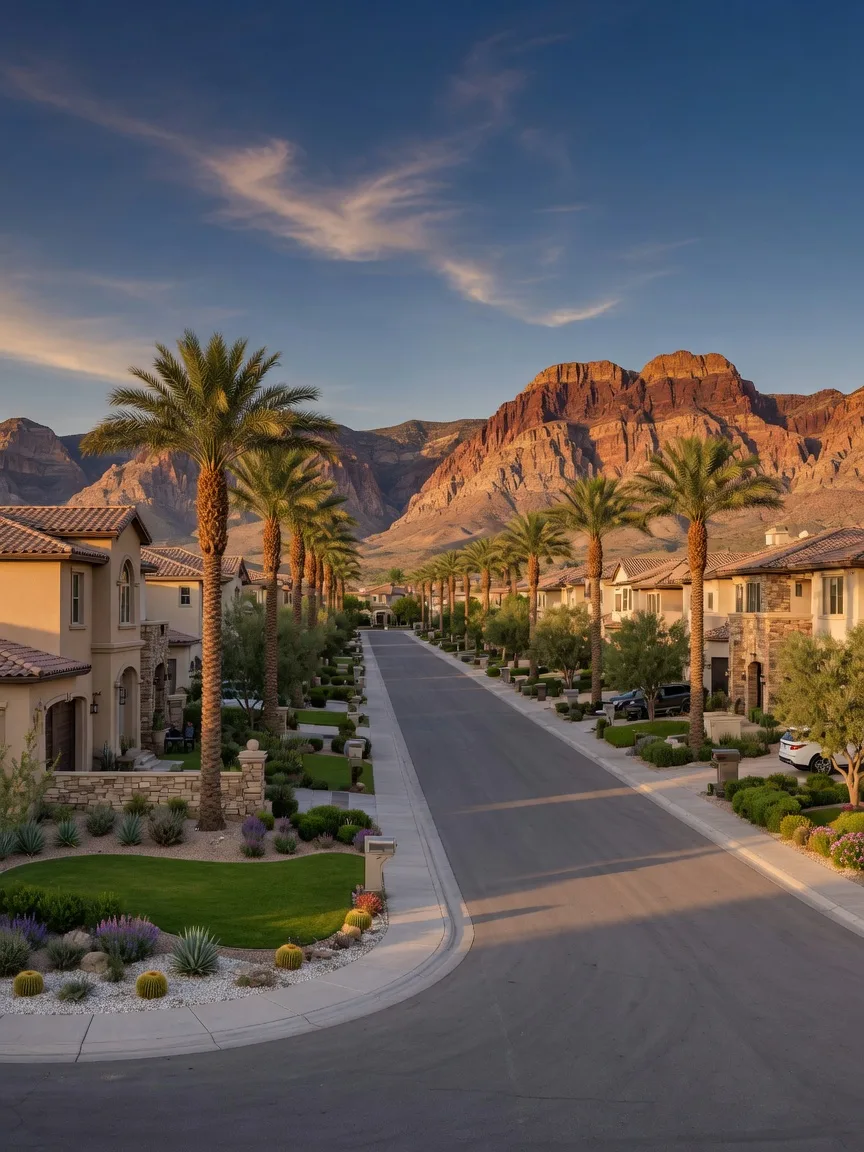 Palm-lined street with stone-and-stucco homes and the Red Rock Canyon escarpment in Summerlin, Las Vegas at golden hour