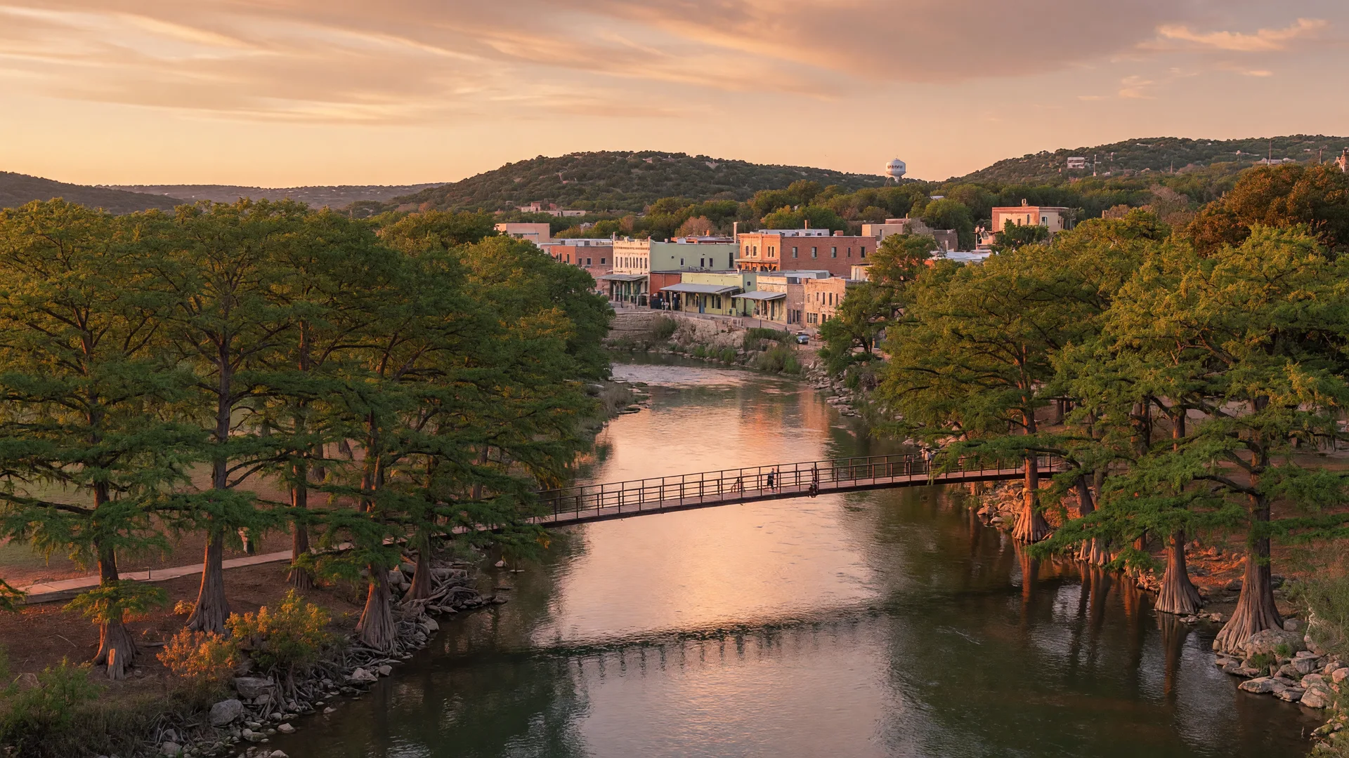 Kerrville, Texas along the Guadalupe River with cypress trees and golden hour light