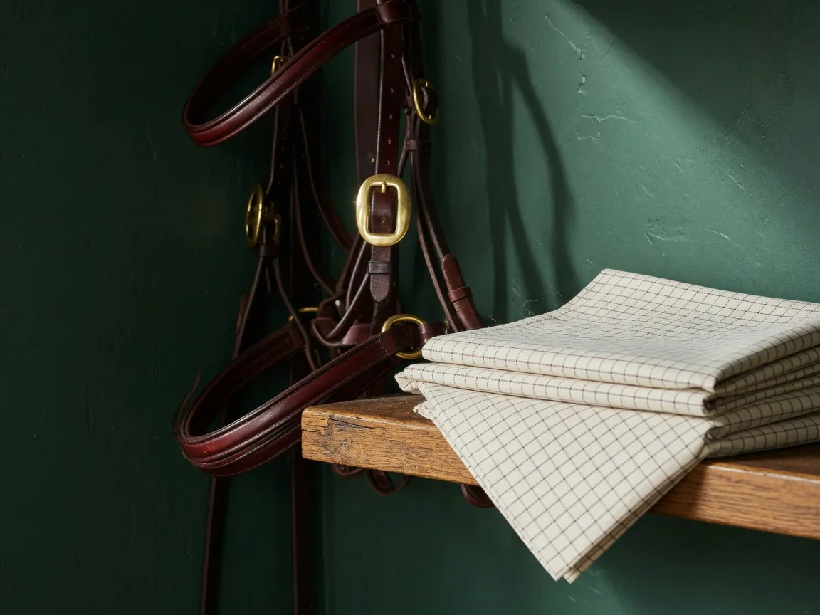 Polished saddle-leather bridles and a brass buckle hanging on a hunter-green tack room wall