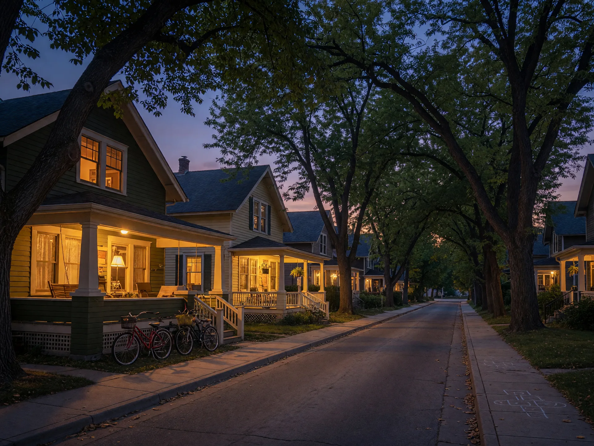 Tree-lined North End street in Boise at dusk with craftsman homes glowing